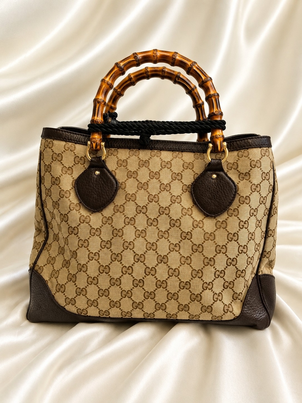 Gucci Beige GG Canvas Tote with Bamboo Double Handles AUTHENTIC